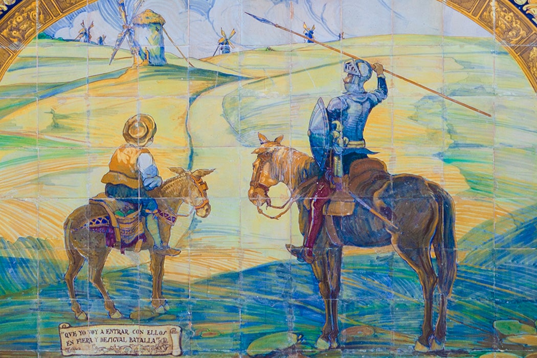 Glazed tiles wall of spanish province of Ciudad Real at Plaza de Espana, Seville, Spain