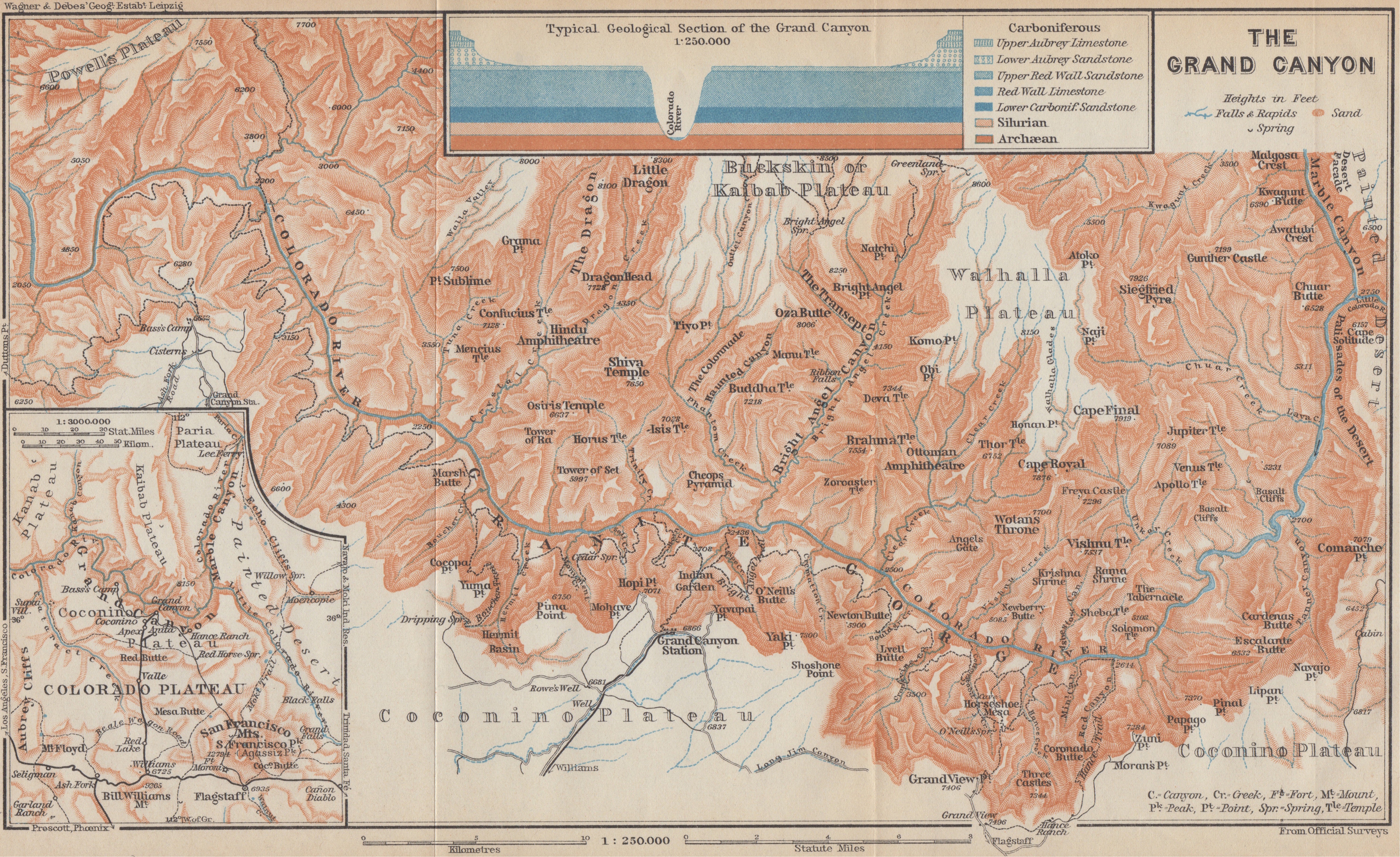 1909 city map of the Grand Canyon, USA, from Baedeker's United States Handbook for Travellers