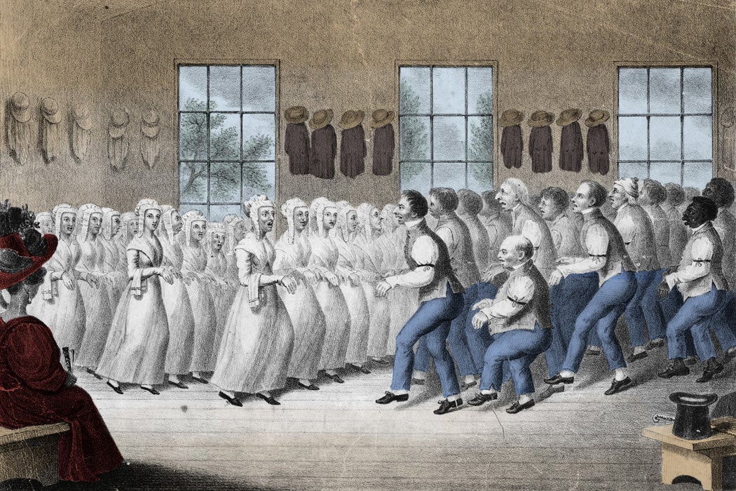 Based on a color lithograph of ca. 1826 by Anthony Imbert, entitled Shakers near Lebanon