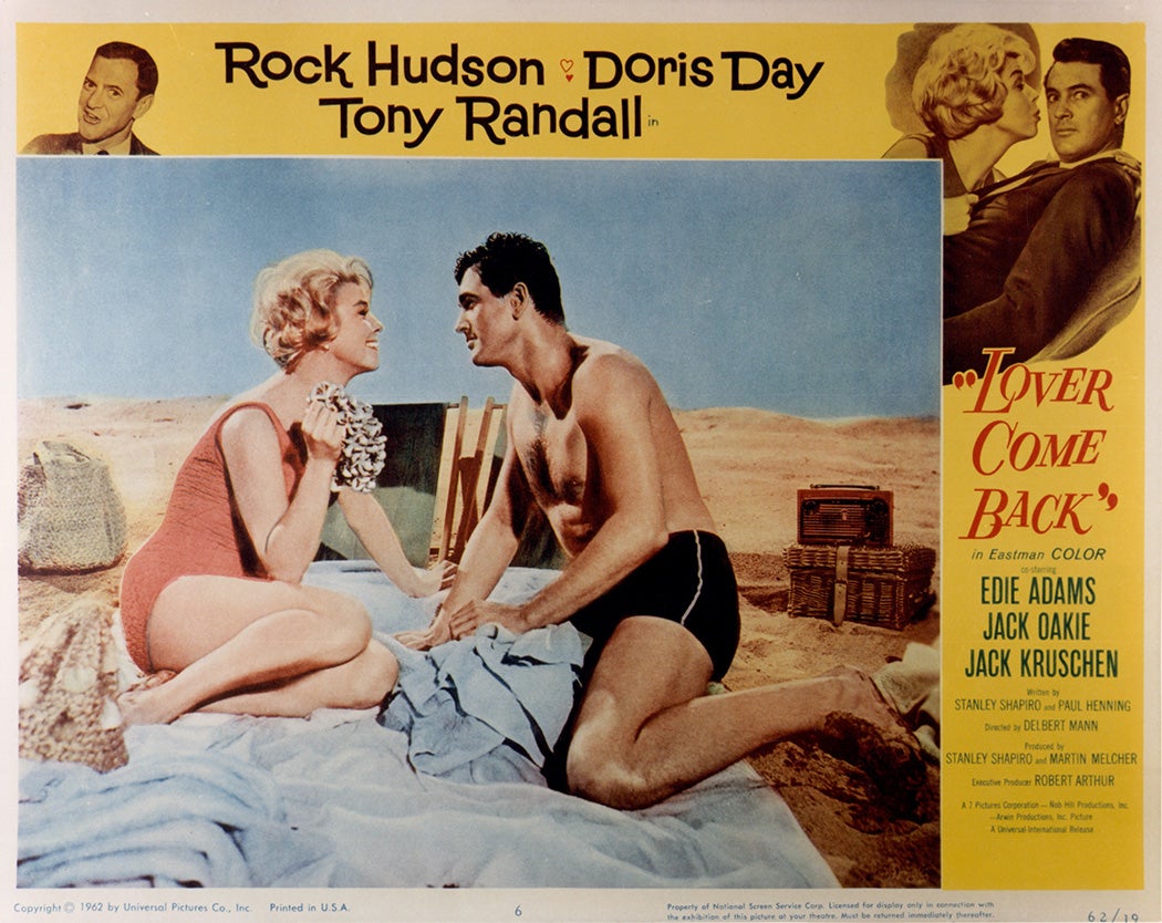 Doris Day and Rock Hudson in movie art for the film 'Lover Come Back', 1961.