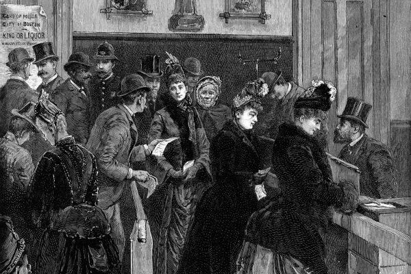 Women line up to vote in a municipal election, Boston, Massachusetts, December 11, 1888.