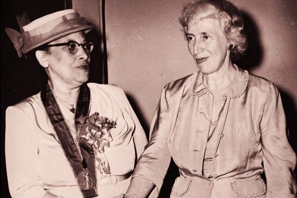 Lillian Smith, noted author and lecturer, congratulating Mrs. Mabel Keaton Staupers, winner of the 36th Springarn medal, for outstanding work in the integration of African American nurses into the American nursing profession