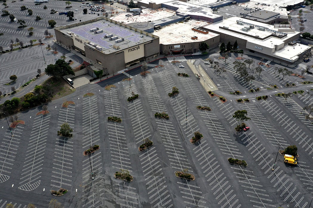 The parking lot at Hilltop Mall sits empty on March 17, 2020 in Richmond, California.