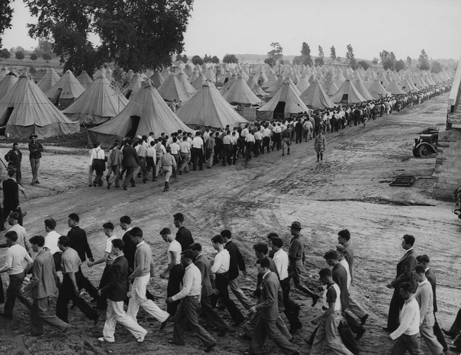 The Bonus Army, a demonstration largely made up of World War I veterans and their families, gathers in Washington DC to demand early cash redemption of their service certificates during the Great Depression, 1932.