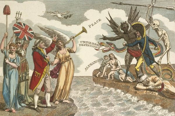 On the left stands King George III surrounded by symbols of British peace and liberty, while across the Channel the figure of Napoleon is stalked by poverty and ‘universal destruction’.