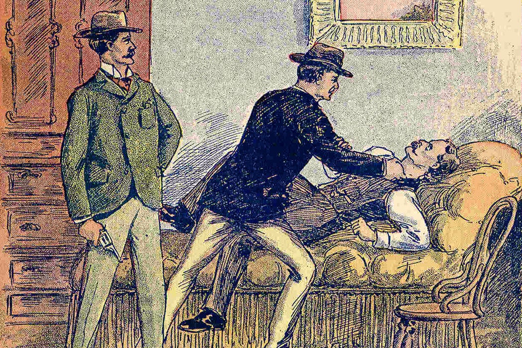 An illustration for Jesse James at Long Branch in the magazine Log Cabin Library, 1898.