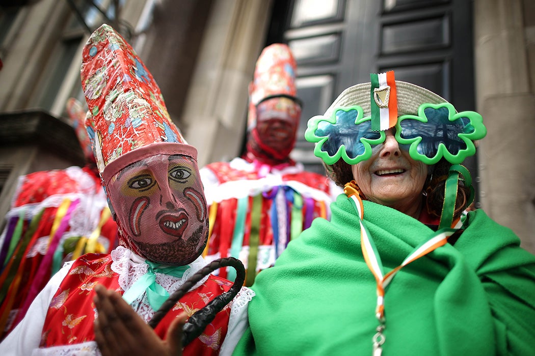 Members the Montserrat Emerald United Club get ready to take part in a St Patrick's day parade on March 18, 2012 in London, England.