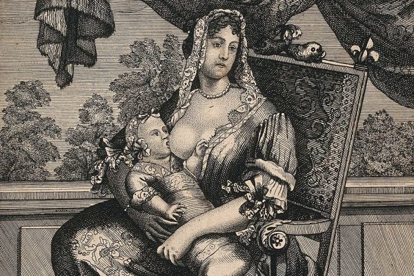 Etching: A wet nurse breast feeding the Duke of Burgundy, grandson of Louis XIV

Source: https://www-jstor-org.bibliotheek.ehb.be/stable/community.24839779