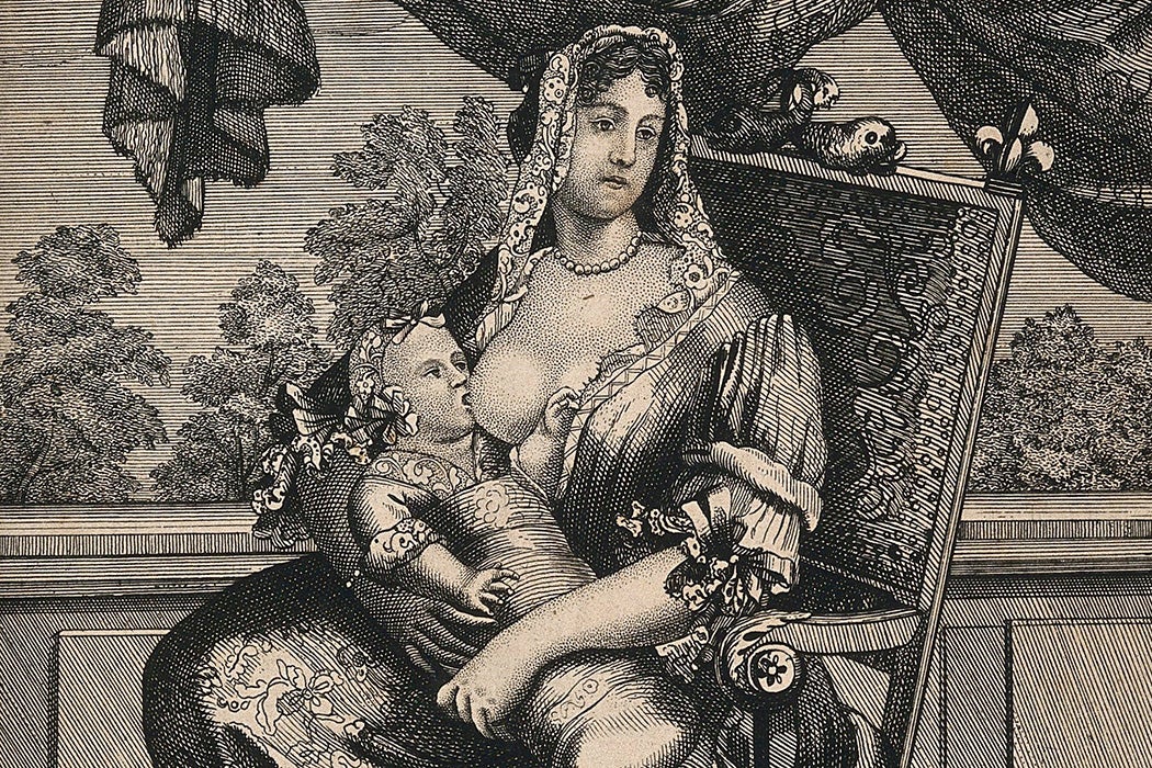 Etching: A wet nurse breast feeding the Duke of Burgundy, grandson of Louis XIV

Source: https://www-jstor-org.bibliotheek.ehb.be/stable/community.24839779