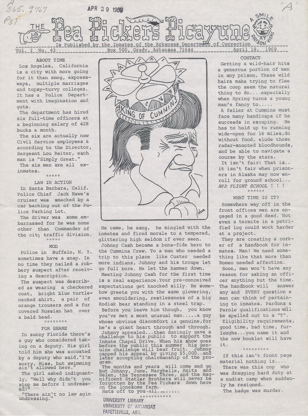 The cover of the April 18, 1969 issue of The Pea Pickers Picayune, published by inmates of the Arkansas Department of Correction