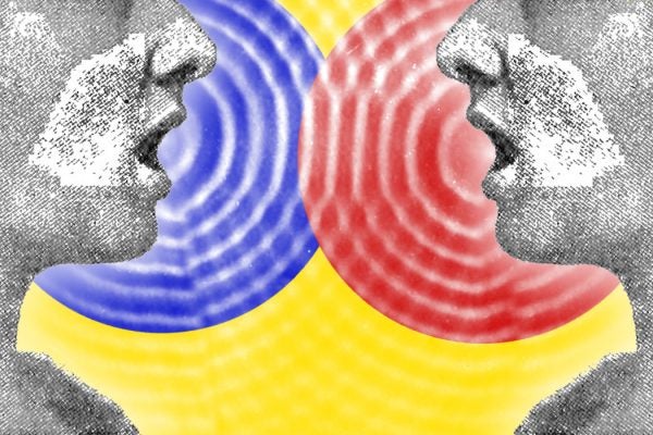 Two open mouths with water ripples emanating out towards each other
