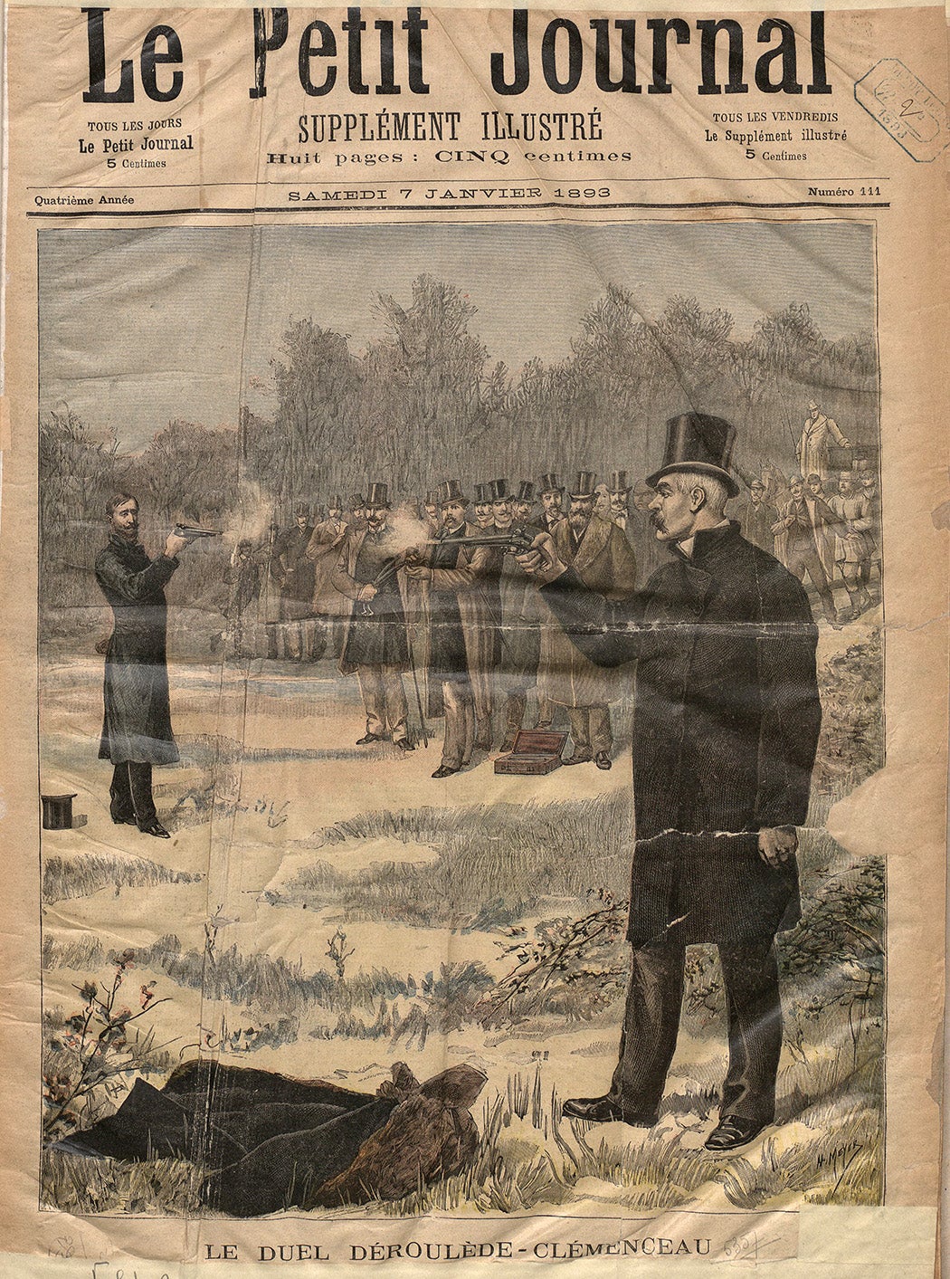 The January 7, 1893 cover of <em>Le Petit Journal</em>, featuring an illustration of a duel between Paul Déroulède and Georges Clemenceau