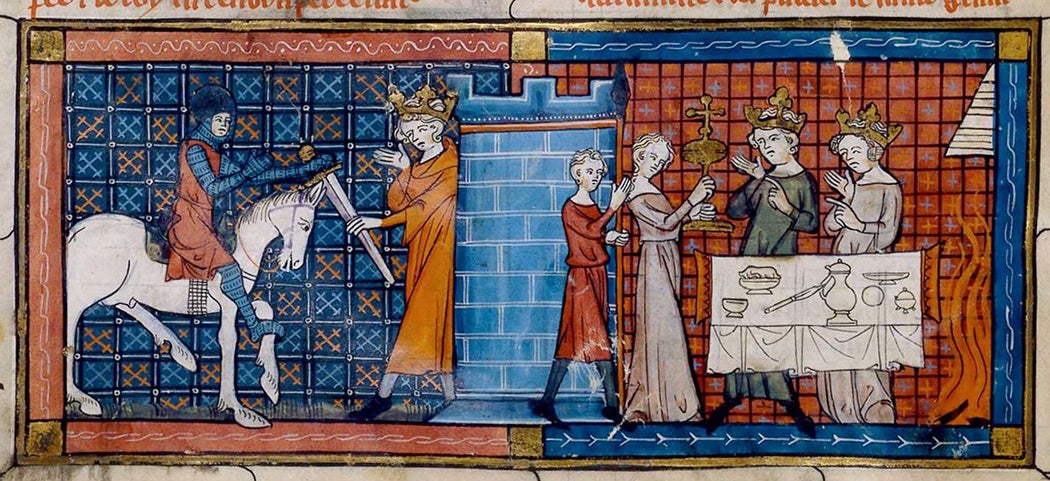 Perceval arrives at the Grail Castle, to be greeted by the Fisher King. From a 1330 manuscript of Perceval ou Le Conte du Graal by Chrétien de Troyes