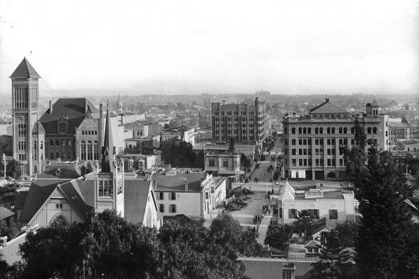 Broadway and Third Street, looking east on Third Street from Olive Street, Los Angeles, 1890-1900