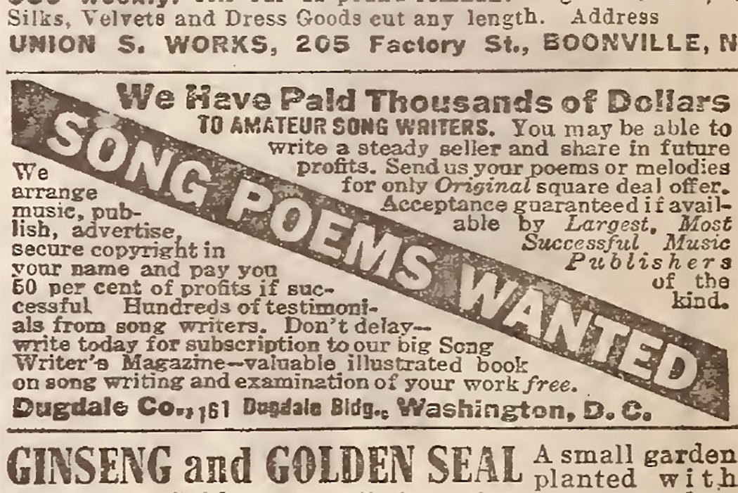 An advertisement for song sharks in Park's Floral Magazine, 1913