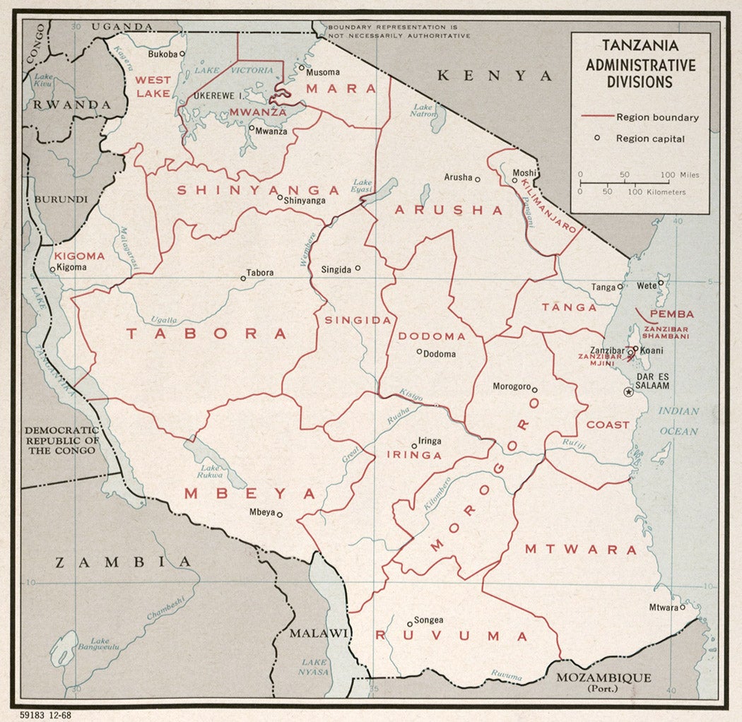 A 1968 map of Tanzania made by the CIA