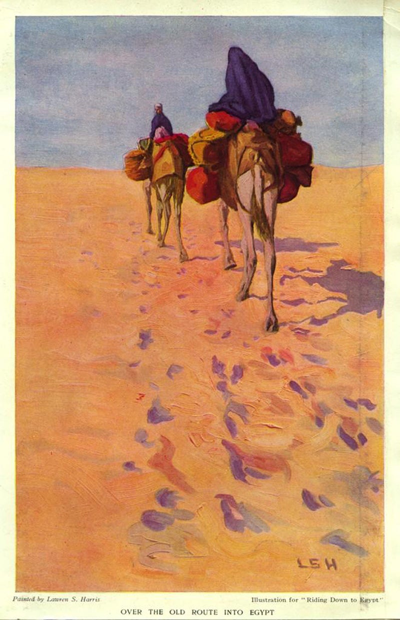 An illustration of two people riding camels in the desert. The camels are walking away.
