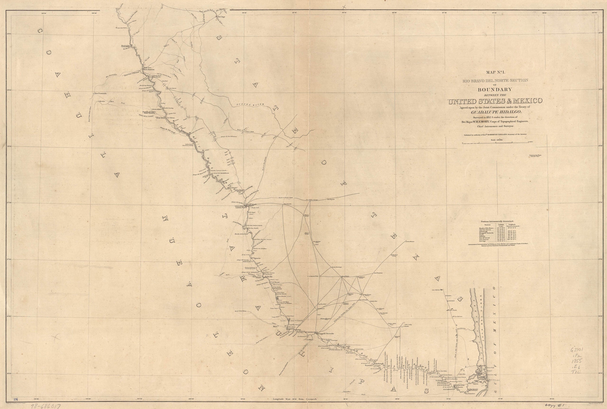 Map of boundary between the United States & Mexico agreed upon by the Joint Commission under the Treaty of Guadalupe Hidalgo : surveyed in 1852-53 under the direction of Bvt. Major W.H. Emory, Corps of Topographical Engineers, Chief Astronomer and Surveyor.