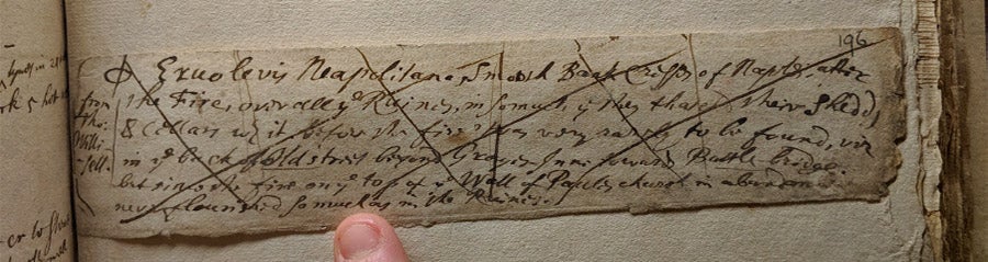 John Aubrey's manuscript note (Bodleian Library, MS Top. Gen. c. 24–5, f. 196.)