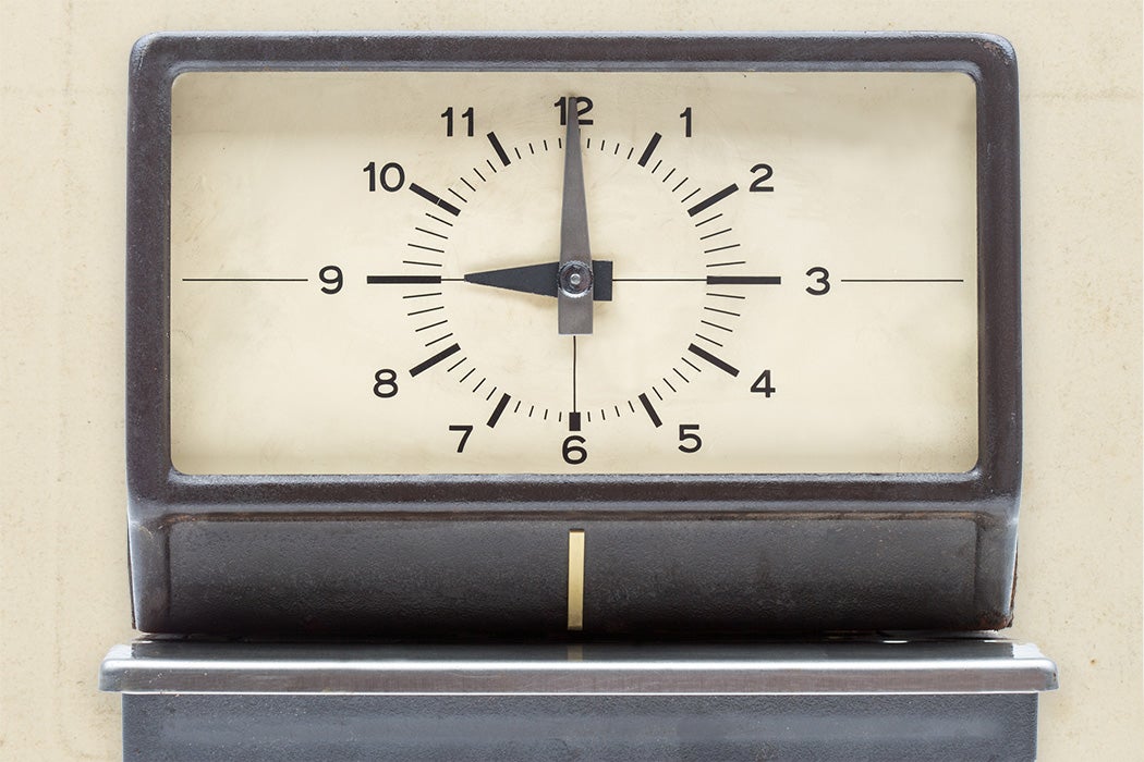 Analog time clock isolated on white. Time set to 9 AM.
