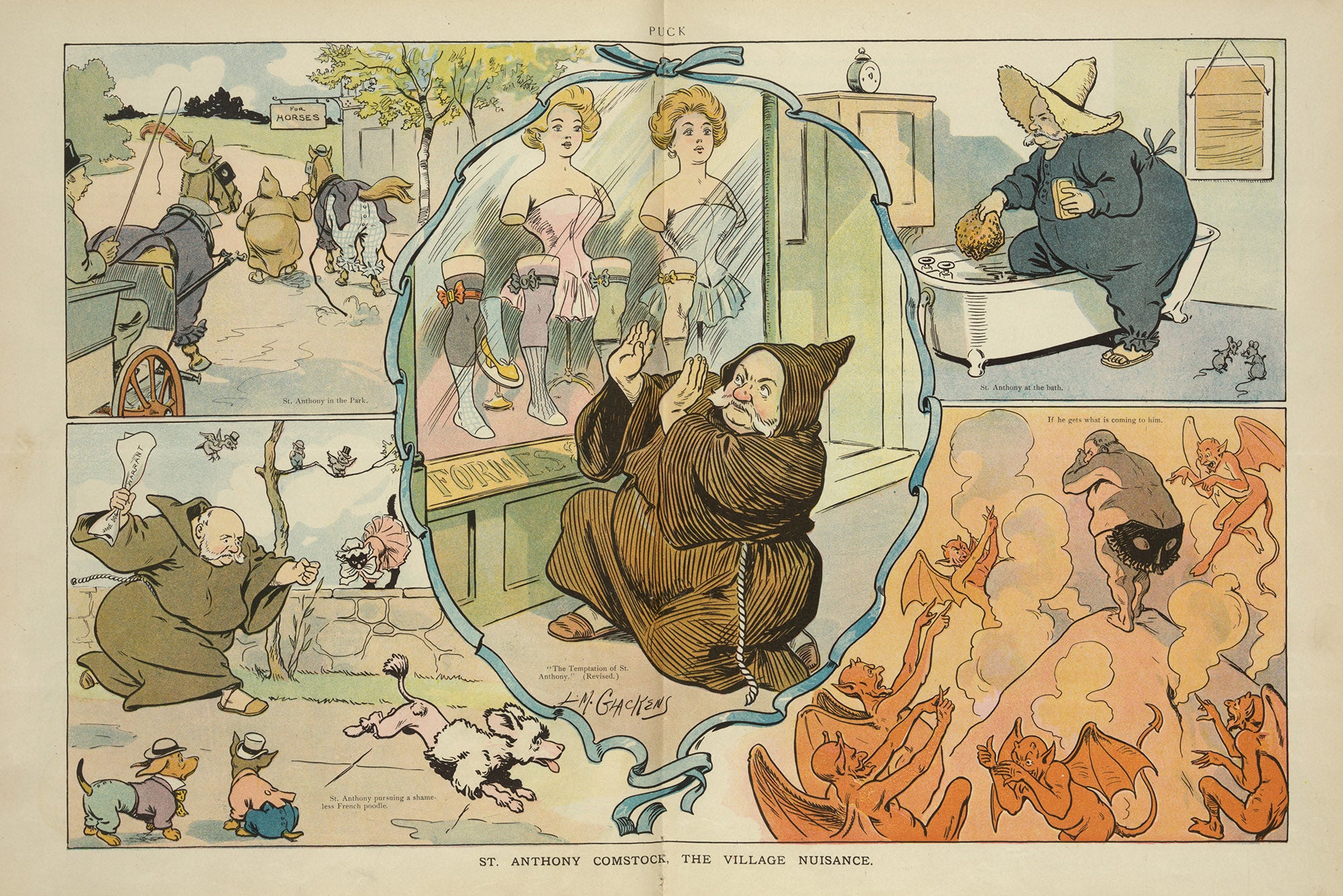 Illustration of Anthony Comstock as a monk thwarting shameless displays of excessive flesh, whether that of women, horses, or dogs, with a "Jane Doe Warrant.” From Puck, 1906, via Wikimedia Commons