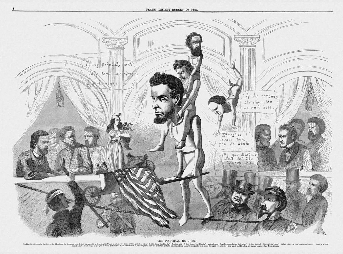 Abraham Lincoln depicted as Charles Blondin in Harper's Weekly, September 1864.