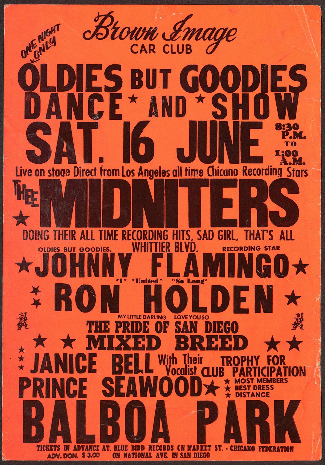 Brown Image Car Club: Poster advertising a dance and show ("Oldies But Goodies") at Balboa Park featuring Thee Midniters