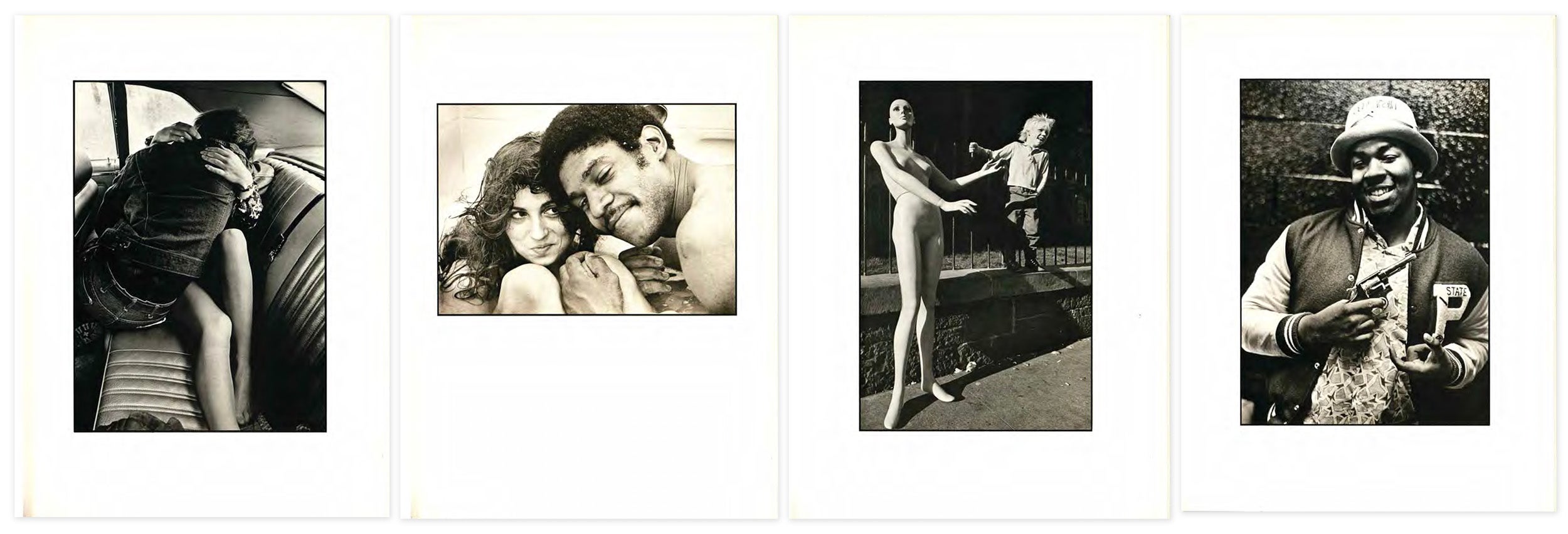 Four photographs: a couple kissing in the back seat of a car; a couple leaning in to each other and smiling; a child next to a mannequin; a man smiling at the camera and holding a gun.