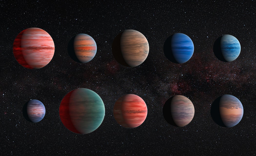 This image shows an artist's impression of the 10 hot Jupiter exoplanets studied using the Hubble and Spitzer space telescopes.