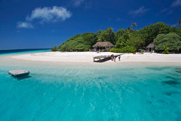 Tongan beach with small wooden jetty and thatched huts