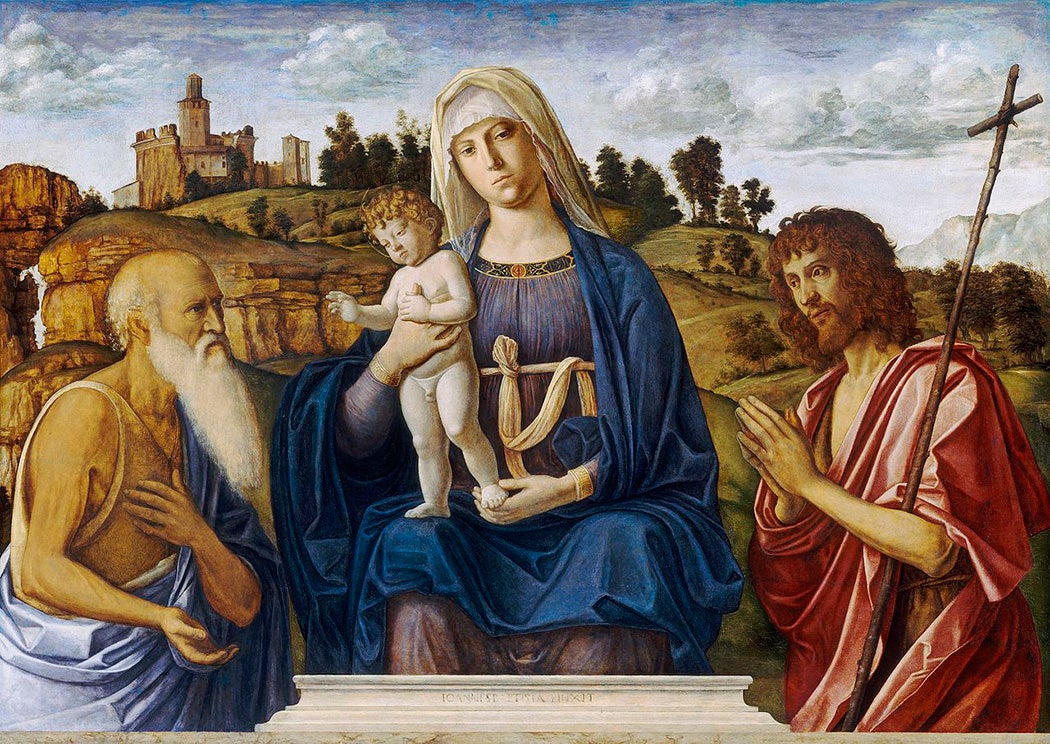 Cima da Conegliano, and Italian. Madonna and Child with Saint Jerome and Saint John the Baptist. 1492. Oil on panel, painted surface: 102 x 144 cm (40 3/16 x 56 11/16 in.); overall: 104 x 146 cm (40 15/16 x 57 1/2 in.); framed: 154.62 x 186.06 x 10.8 cm (60 7/8 x 73 1/4 x 4 1/4 in.). The National Gallery of Art (Washington, D.C.); Andrew W. Mellon Collection.