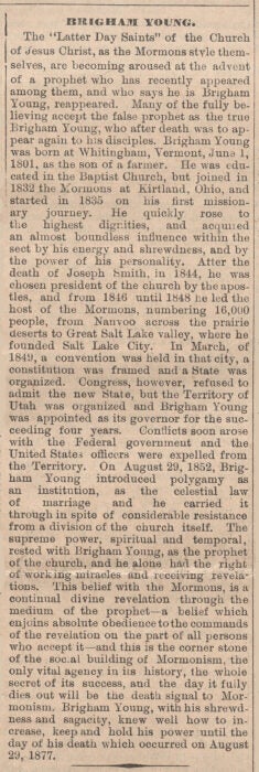 The history and accomplishments of the late prophet of the Mormon church, Brigham Young.