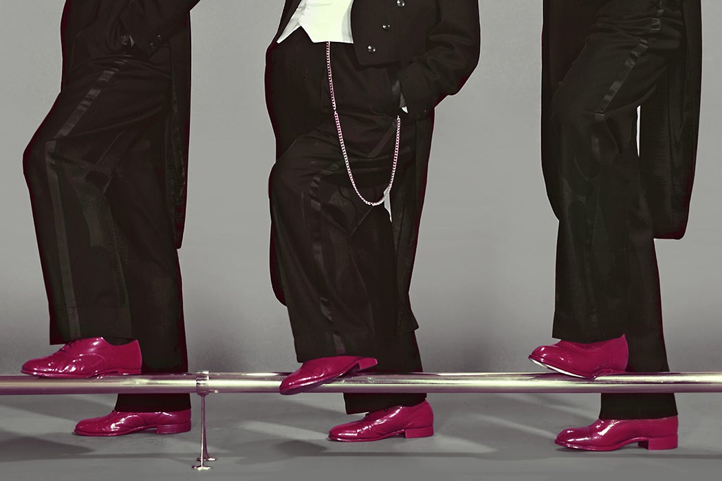 Three men wearing tuxedos and bright red patent leather shoes, ca.1950s.
