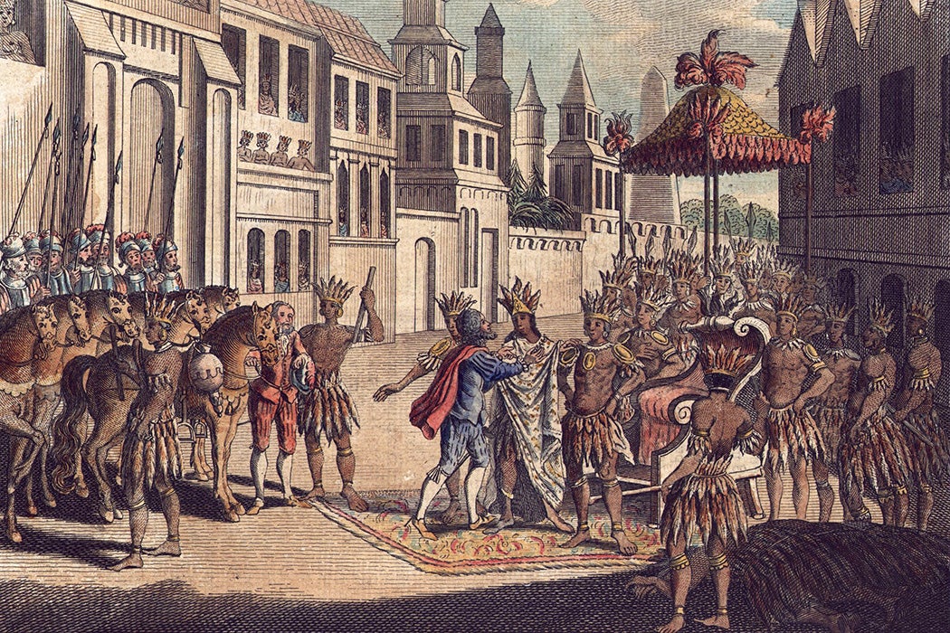 The first meeting between Montezuma II and Hernando Cortez in Mexico City, 1519