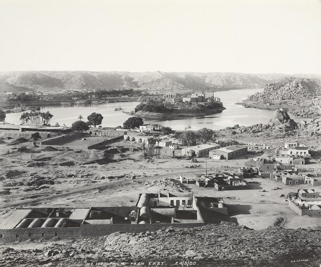 A view of Philae from the east before the completion of Old Aswan Dam (Aswan Low Dam), c. 1900.