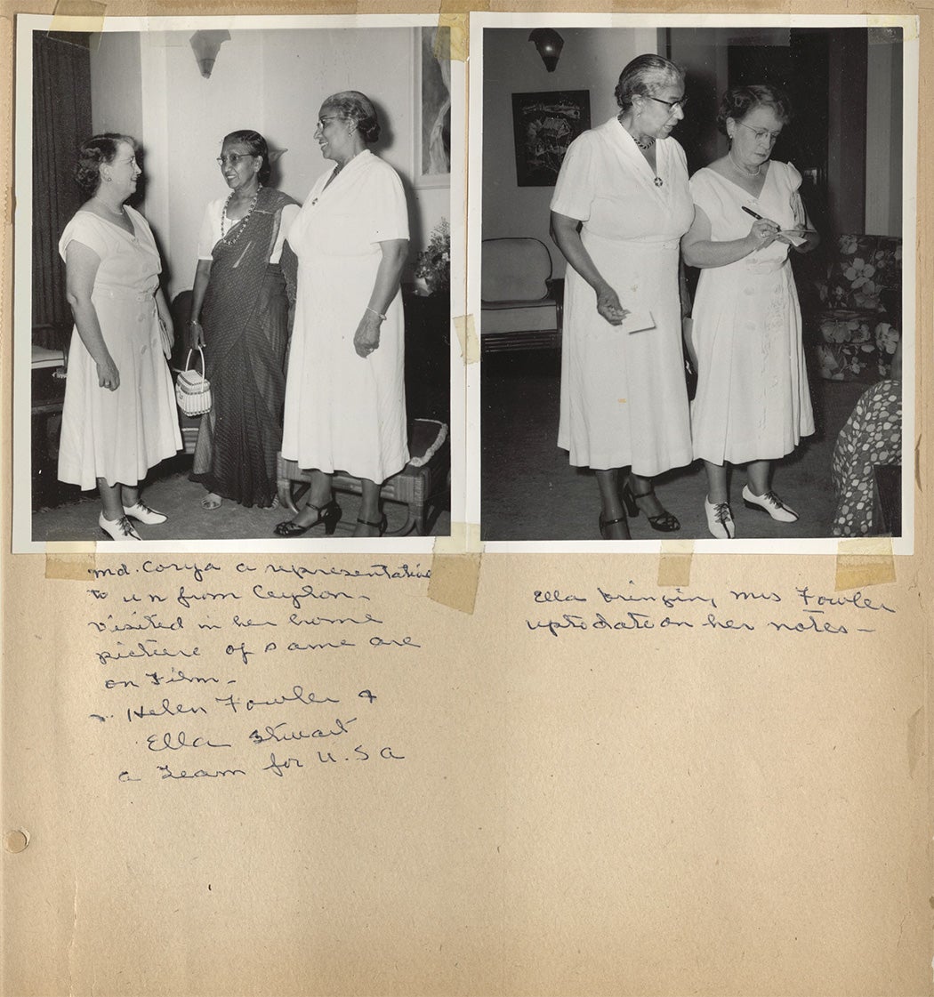 Two photographs featuring Ella P. Stewart in a scrapbook from the Pan-Pacific South East Asia Women’s Association Conference, Tonga, 1962-1965.