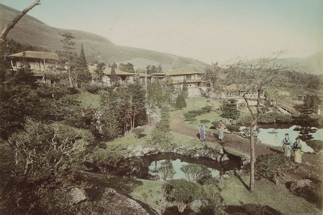 Women in a Garden with Ponds in Owakudani. Owakudani, Hakone