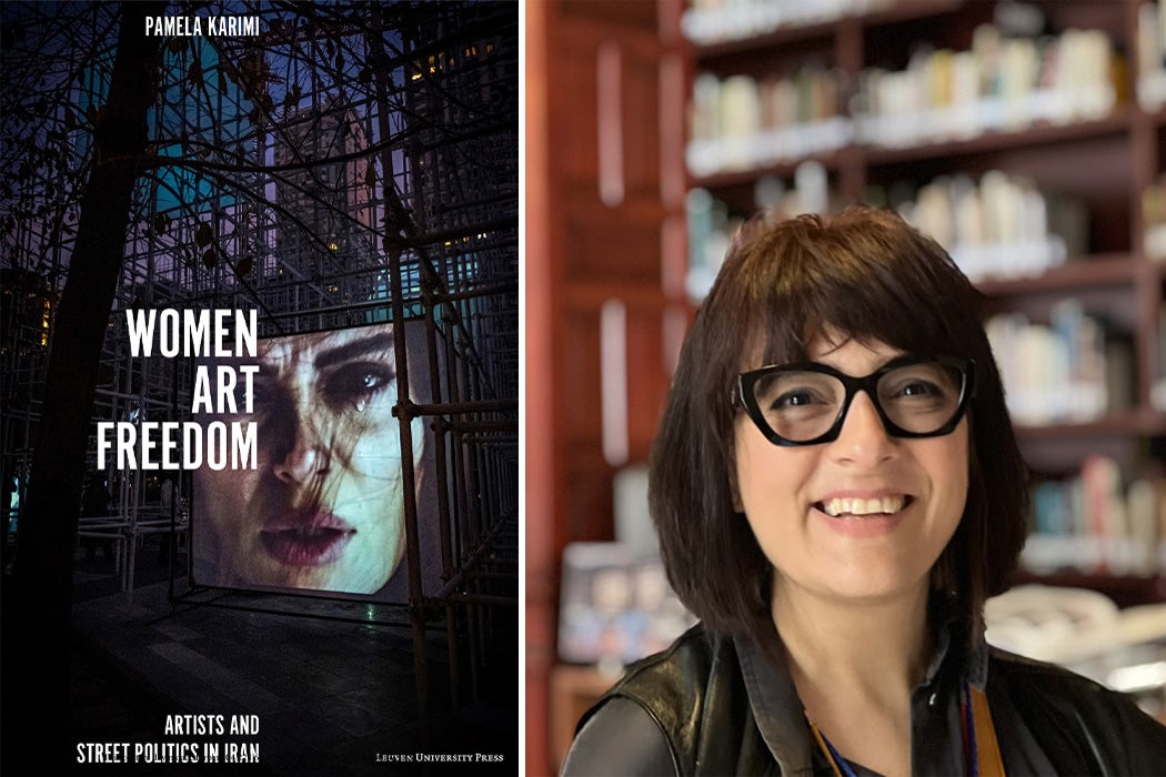 Pamela Karimi beside the cover of her book, Women Art Freedom