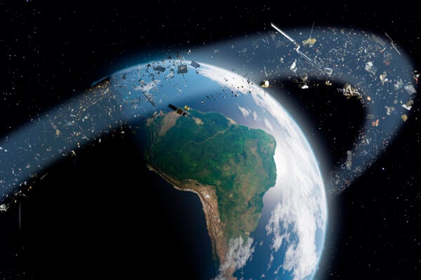 Illustration of space junk orbiting the Earth.