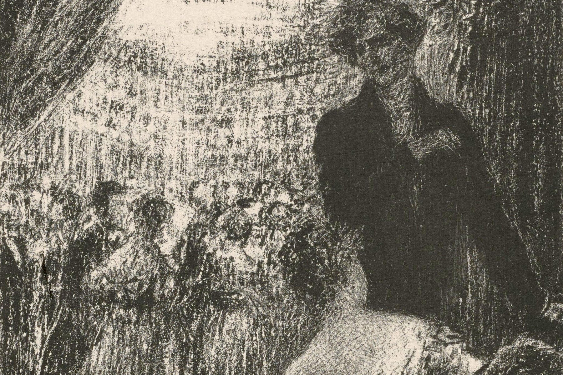 A black and white drawing: In a ballroom, in the foreground, sitting on an ottoman, a young woman is seen from behind. Behind her, seen from the front but in shadow, is the hero of the work (Berlioz). He is standing in black coat with his left arm extended and his right hand on his heart. Hangings are on the right and the left, raised on the right by a kiss. In the background, under the whiteness of the chandelier, the whirlwind of the ball.