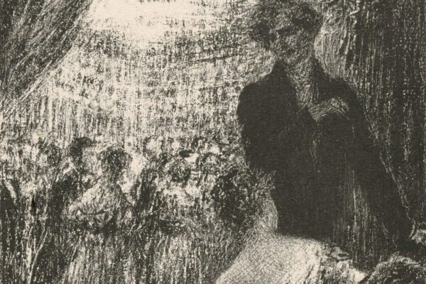 A black and white drawing: In a ballroom, in the foreground, sitting on an ottoman, a young woman is seen from behind. Behind her, seen from the front but in shadow, is the hero of the work (Berlioz). He is standing in black coat with his left arm extended and his right hand on his heart. Hangings are on the right and the left, raised on the right by a kiss. In the background, under the whiteness of the chandelier, the whirlwind of the ball.