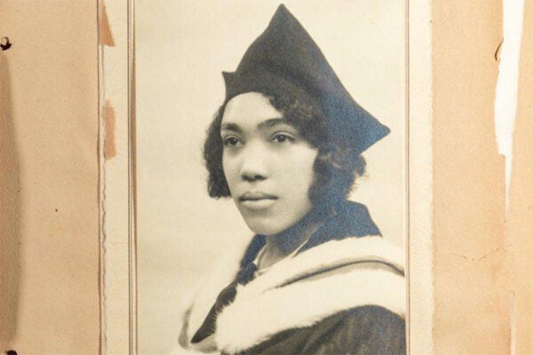 A portrait of Merze Tate from a scrapbook of photographs, letters and newspaper clippings