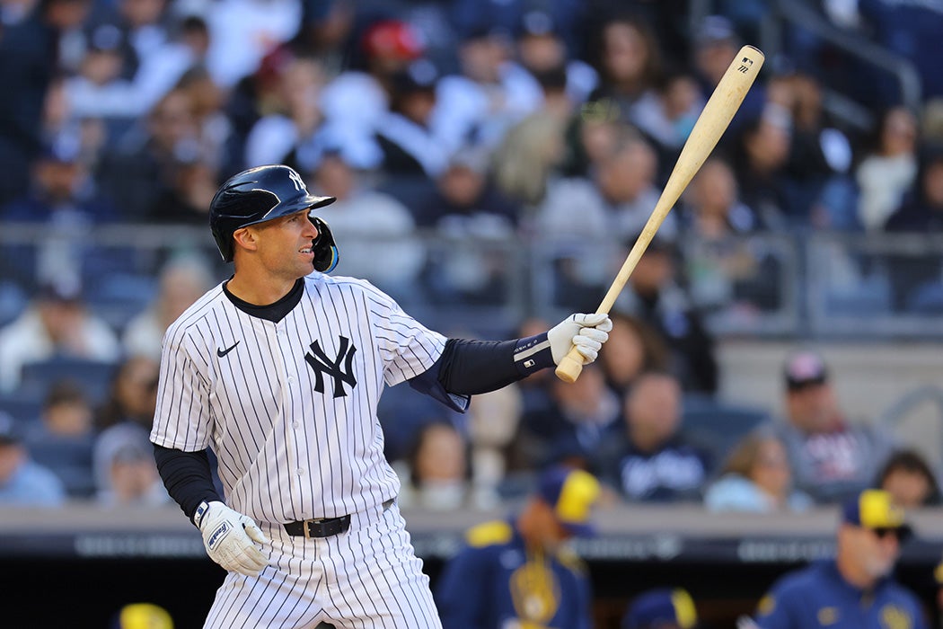 Paul Goldschmidt #48 of the New York Yankees at bat with a torpedo bat against the Milwaukee Brewers at Yankee Stadium on March 27, 2025 in New York City.