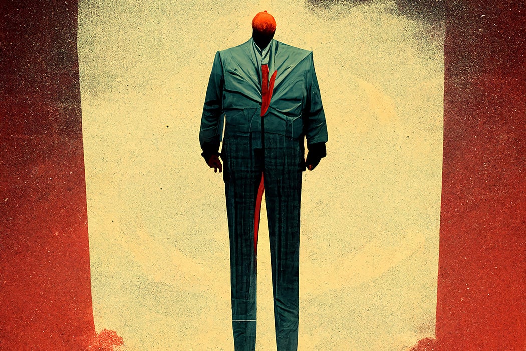 Abstract illustration of faceless man in dark suit.