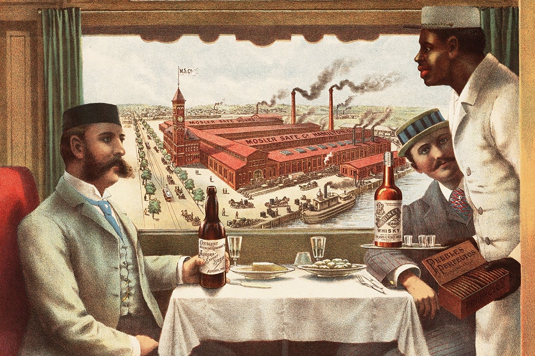 Color lithograph advertisement showing the interior of a Pullman dining-car, 1894