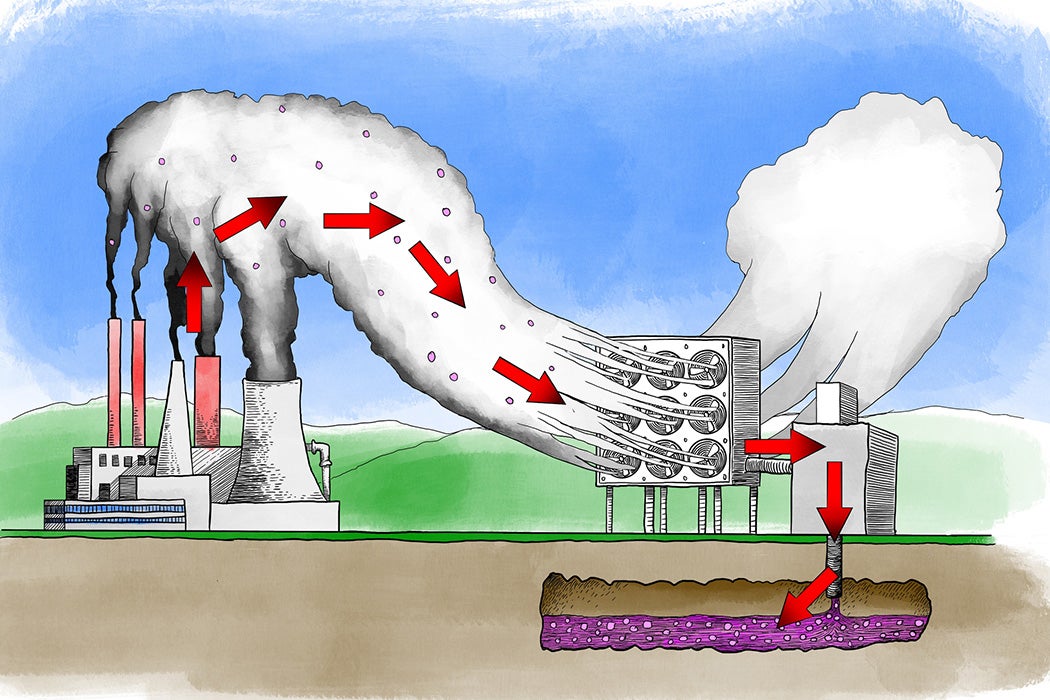 Illustration of carbon capture technology which uses filter technology to remove the green house gas carbon dioxide from the atmosphere and store it underground.