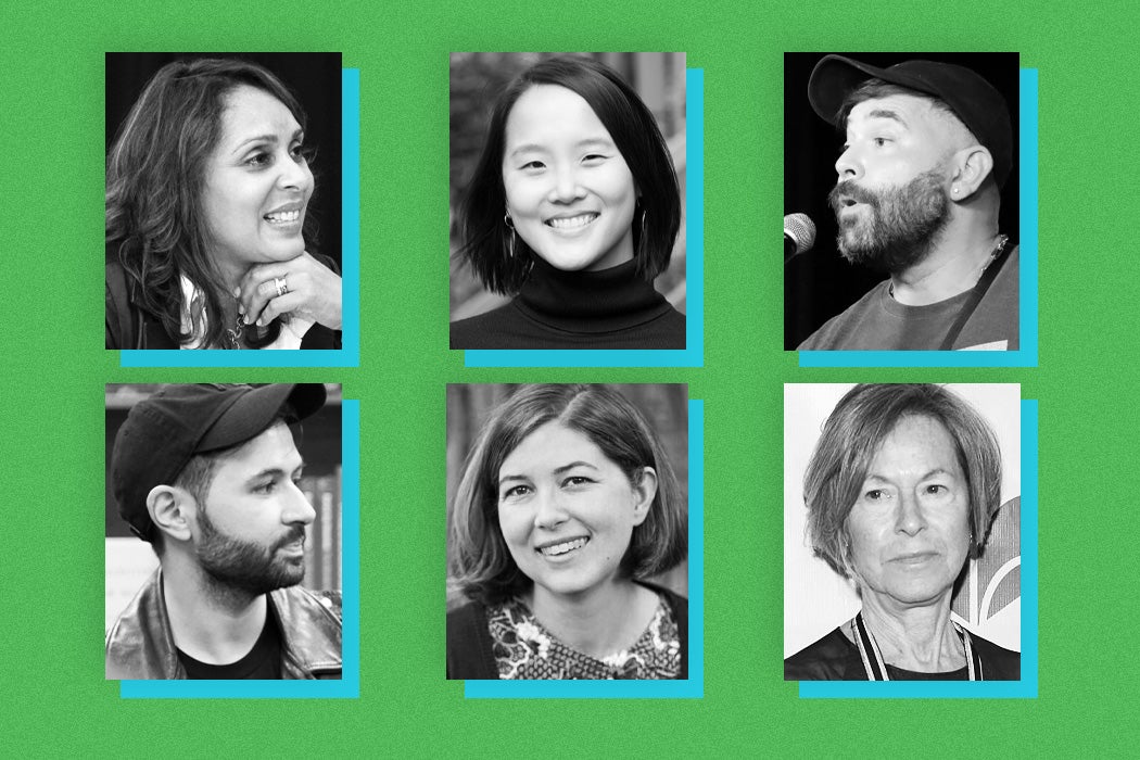 Photographs of Natasha Trethewey, Debora Kuan, Sam Sax, Louise Glück, Rebecca Lehmann, and Alex Dimitrov against a green background