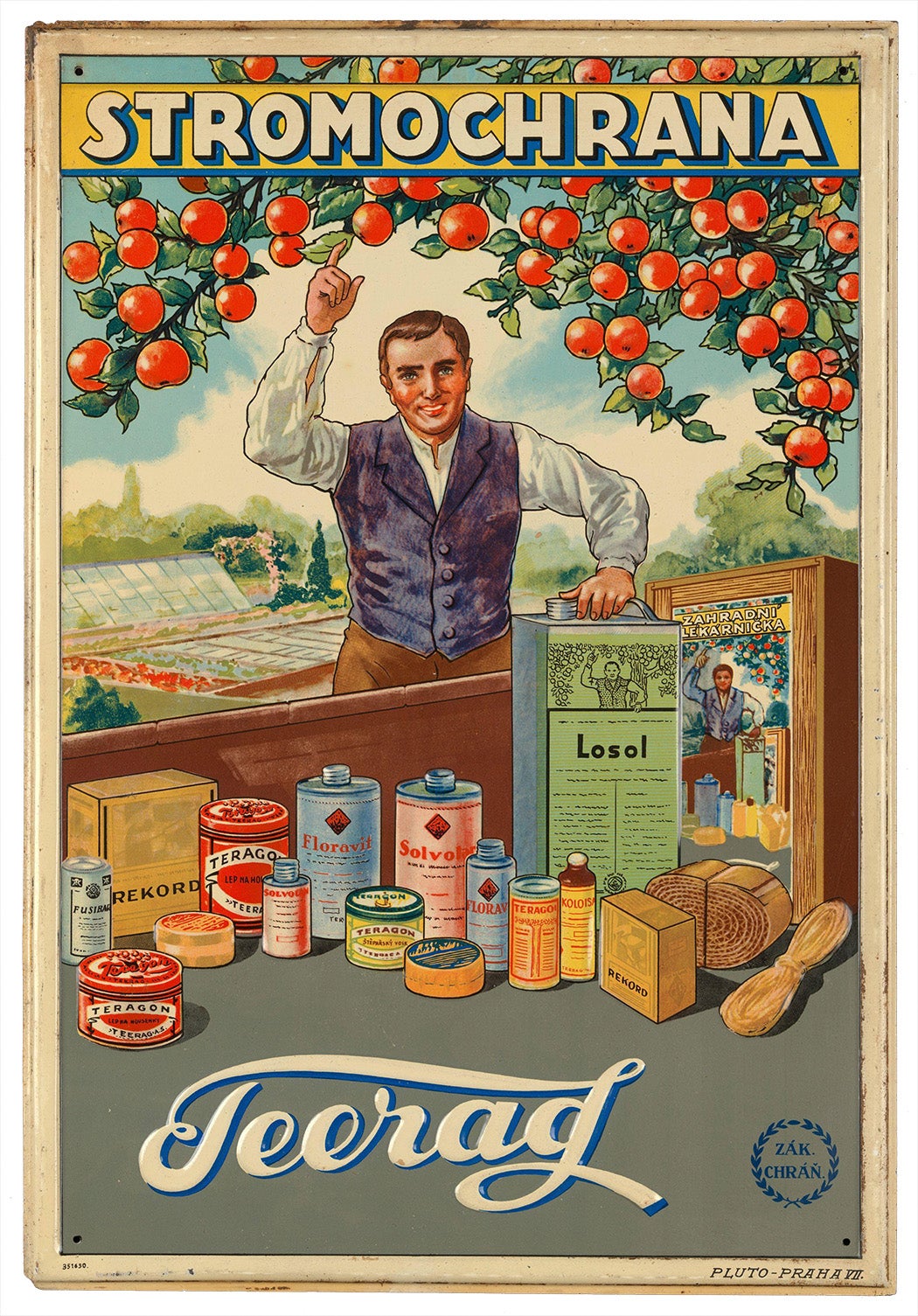 A fruit farmer advertising fruit-tree protection with insecticides produced by the firm of Teerag.