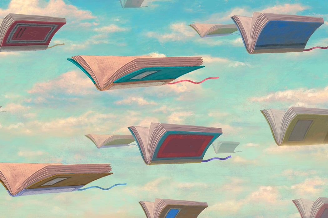 Books of imagination. Surreal art. fantasy painting. Books flying in the clouds.