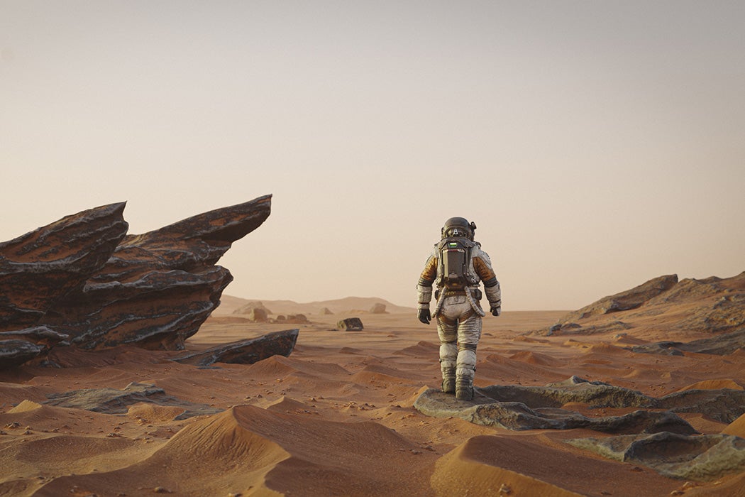 An astronaut exploring another world